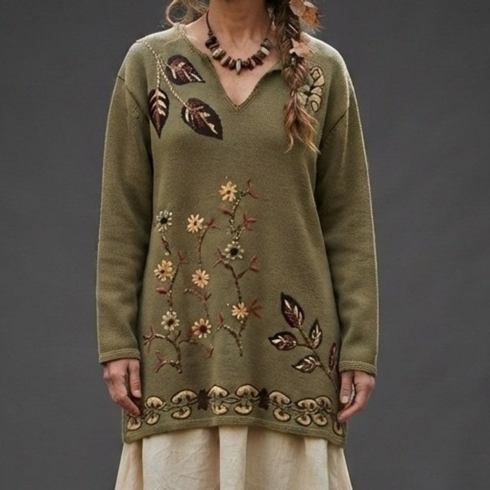 vtg embroidered Sweater 2x earthy Floral forest fairycore grannycore cottagecore